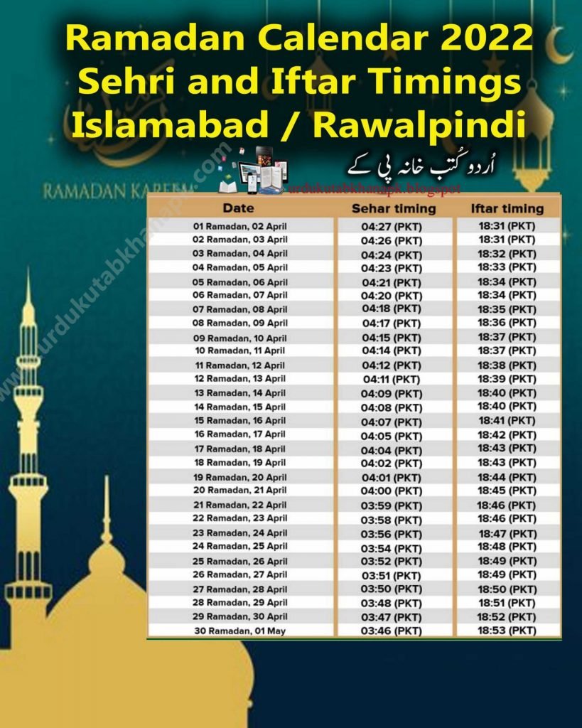 Ramadan Calendar 2022 Sehri and Iftar Timings Islamabad / Rawalpindi.